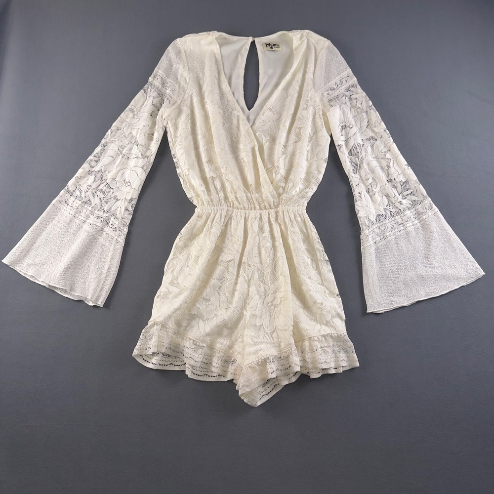 Show Me Your MuMu Loretta Romper White Lace Bell Sleeve Boho XS